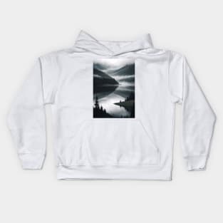 Island jutting out in a misty forest lake Kids Hoodie